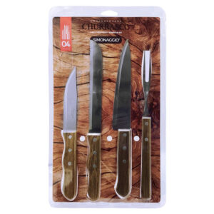 Juego para Asado 04 Piezas Acero Inoxidable M/Madera